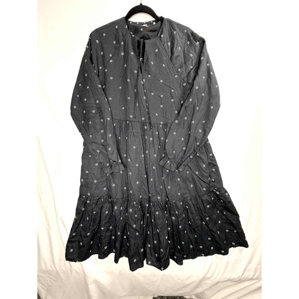 Barbour Tiered Midi Dress 4 Navy Blue Floral Long Sleeve Tie Neck Cotton Smock